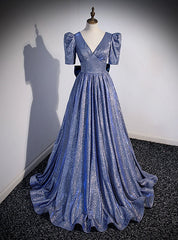 Blue V-neck Starry Gradient Cloth Short Sleeve Prom Dress