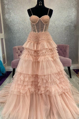 Blushing Pink Tulle Ruffle Layers Lace-Up Back A-Line Prom Dress