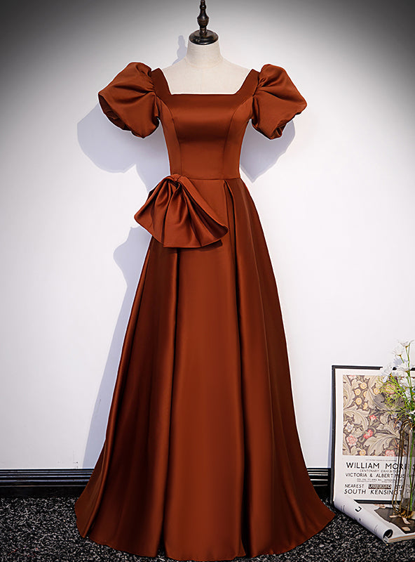 Brown Satin Square Puff Sleeve Bow Prom Dress