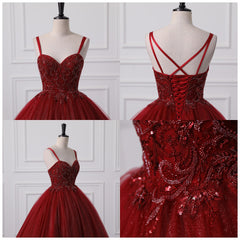 Burgundy Bling Tulle Ball gowns Long Prom Dress with Embroidered Sequins