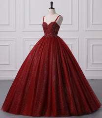 Burgundy Bling Tulle Ball gowns Long Prom Dress with Embroidered Sequins