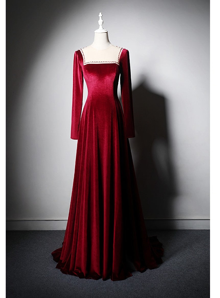 Burgundy Long Sleeve Velvet Beading Prom Dress