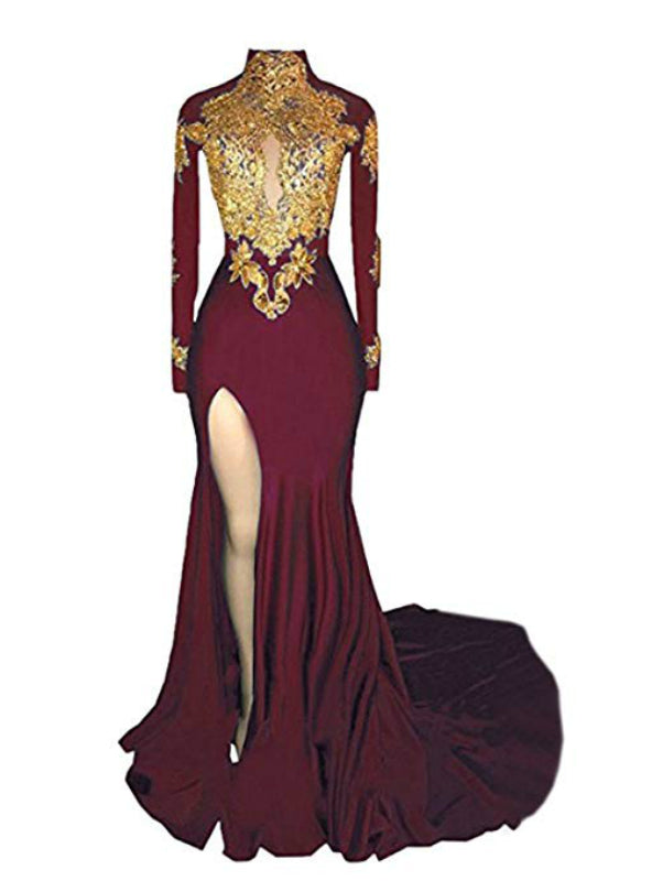 Burgundy mermaid High Neck Long Sleeve Appliques Prom Dress