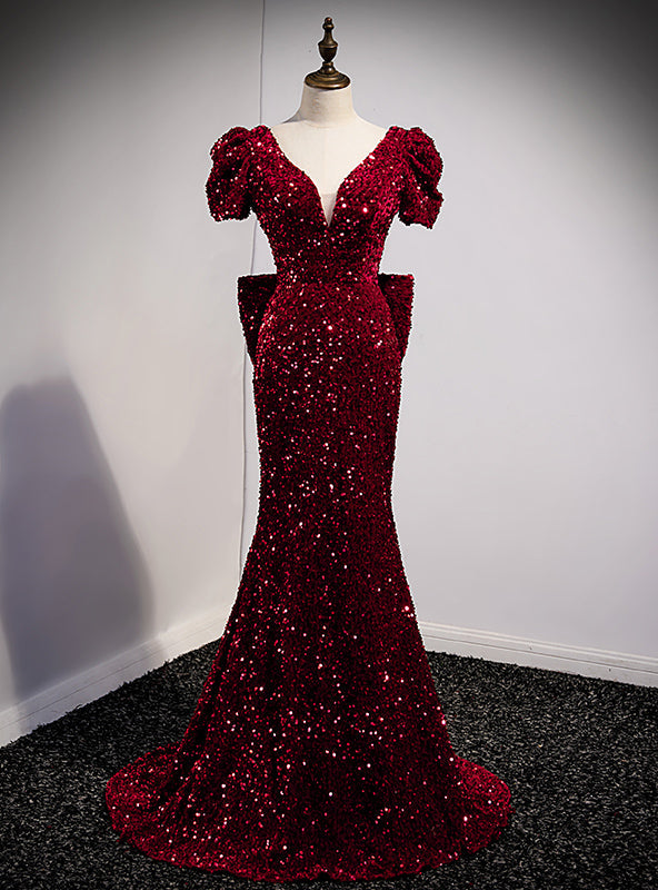 Burgundy Mermaid Sequins V-neck Prom Dress With Bow