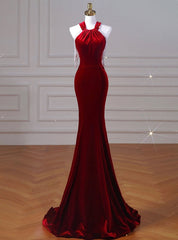 Burgundy Mermaid Velvet Halter Pearls Prom Dress