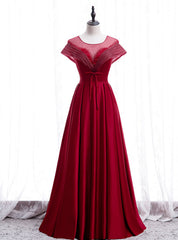 Burgundy Satin Backless Cap Sleeve Beading Pleats Prom Dress