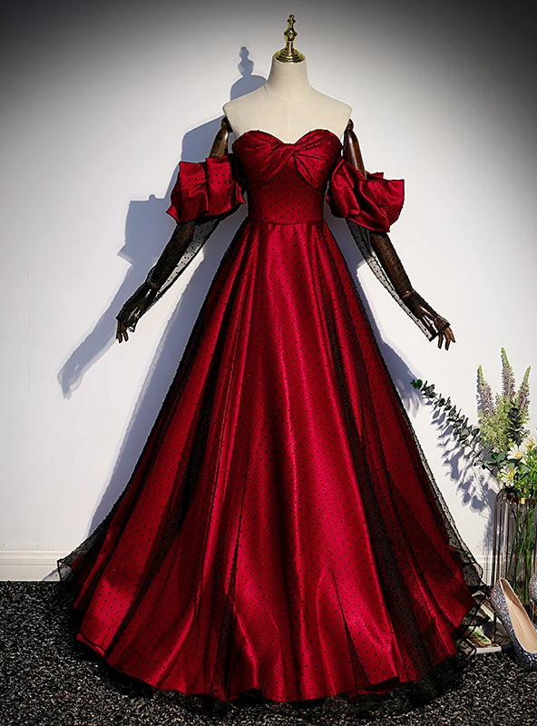 Burgundy Satin Black Tulle Sweetheart Prom Dress