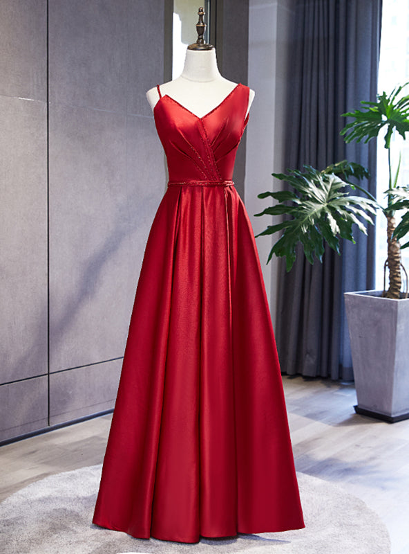 Burgundy Satin Dissymmetry Neck Beading Prom Dress