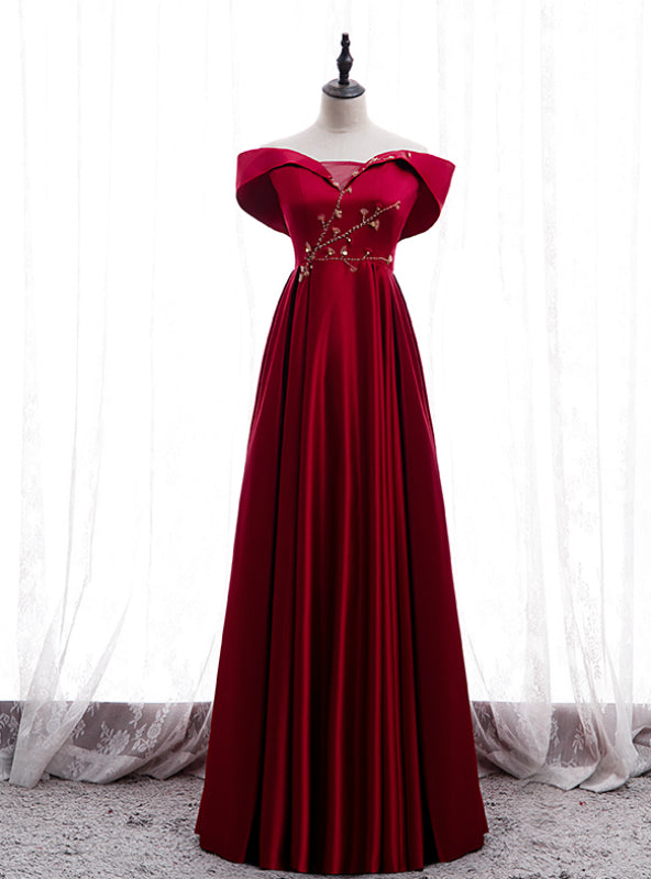 Burgundy Satin Off the Shoulder Appliques Beading Prom Dress