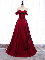 Burgundy Satin Off the Shoulder Beading Prom Dress