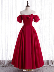 Burgundy Satin Puff Sleeve Bow Prom Dress