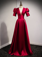 Burgundy Satin Puff Sleeve V-neck Backless Prom Dress