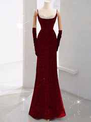 Burgundy Sequins Straps Beading Prom Dress