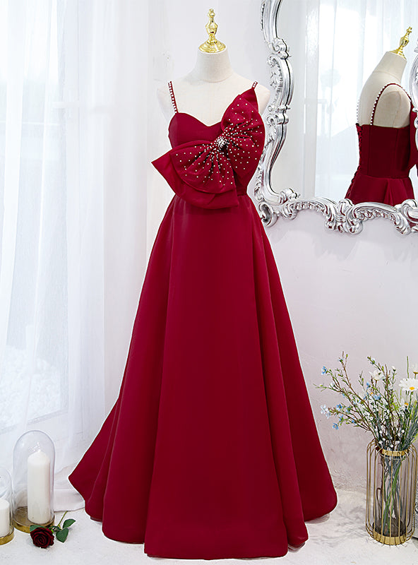 Burgundy Spaghetti Straps Pearls Bow Prom Dress