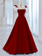 Burgundy Square Puff Sleeve Bow Prom Dress