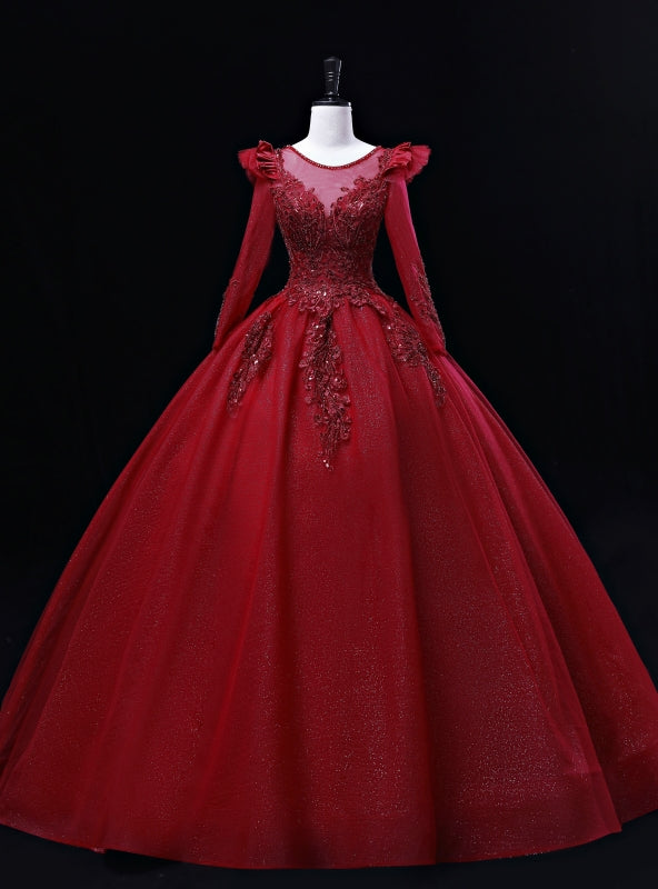 Burgundy Tulle Long Sleeve Beading Quinceanera Dress