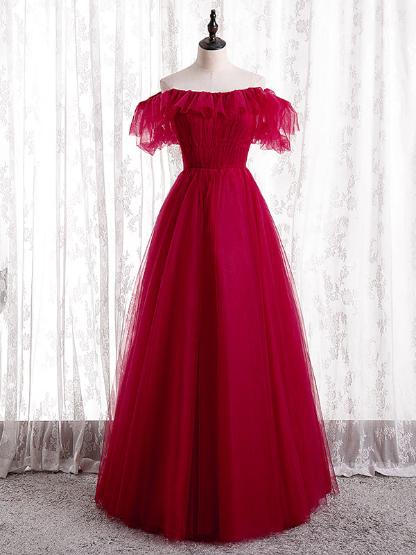 Burgundy Tulle Off the Shoulder Pleats Prom Dress