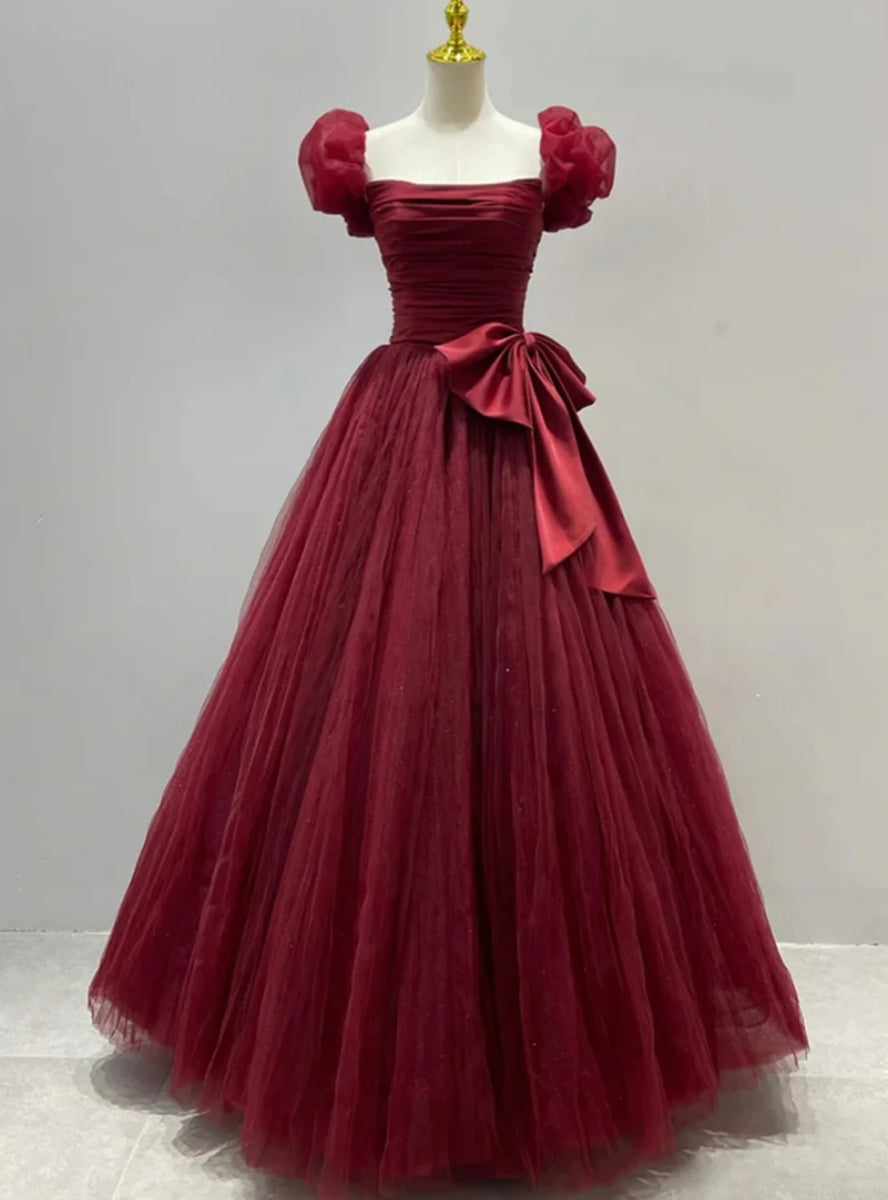 Burgundy Tulle Pleats Prom Dress