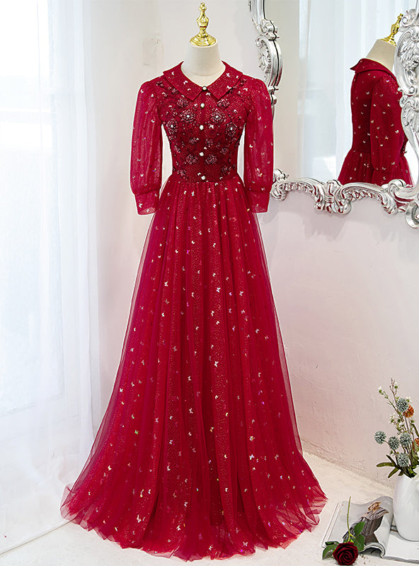 Burgundy Tulle Sequins Beading Short Sleeve Prom Dress