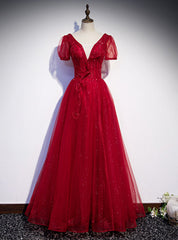 Burgundy Tulle Short Sleeve V-neck Beading Prom Dress