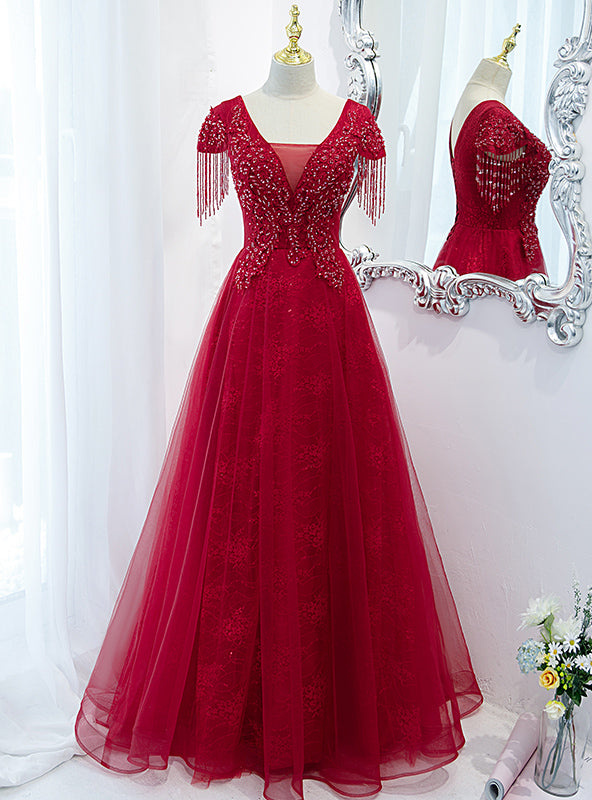 Burgundy Tulle V-neck Cap Sleve Beading Prom Dress