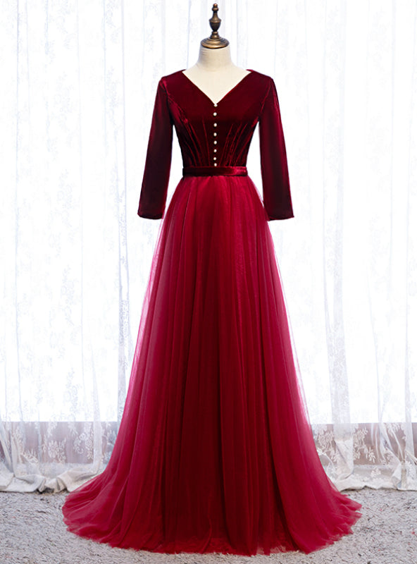 Burgundy Tulle Velvet V-neck 3/4 Sleeve Prom Dress