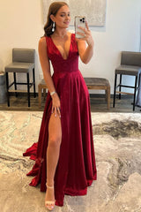 Burgundy V Neck Backless Long Prom Dress with Lace