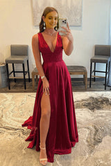 Burgundy V Neck Lace Long Prom Evening Dress with High Slit