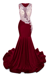 Burgundy V-Neck Sheer Corset Prom Dresses Beaded Mermaid Long Train Evening Gowns