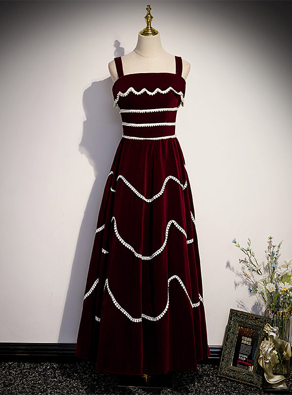 Burgundy Velvet Lace Straps Pearls Prom Dress