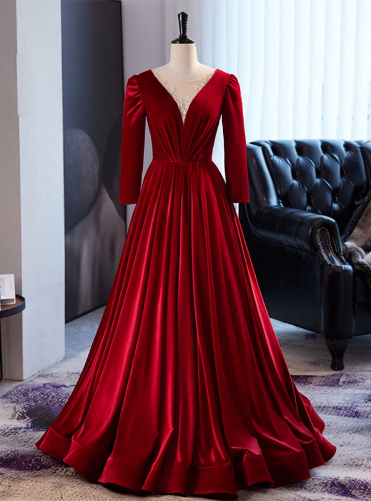 Burgundy Velvet Long Sleeve Beading Prom Dress