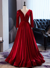 Burgundy Velvet Long Sleeve Beading Prom Dress