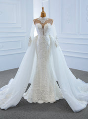 Buy More, Save More White Mrmaid Tulle High Neck Long Sleeve Pearls Wedding Dress With Removable Train