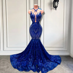 Sequins Royal Blue Sleeveless Mermaid Prom Dress