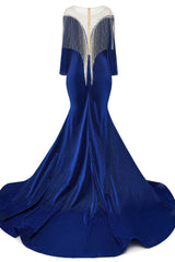 Deep V-neck Shiny Royal Blue Long sleeves Mermaid Prom Dress