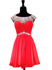 Cap Sleeve Beaded Crystals Backless Red Chiffon Homecoming Dress