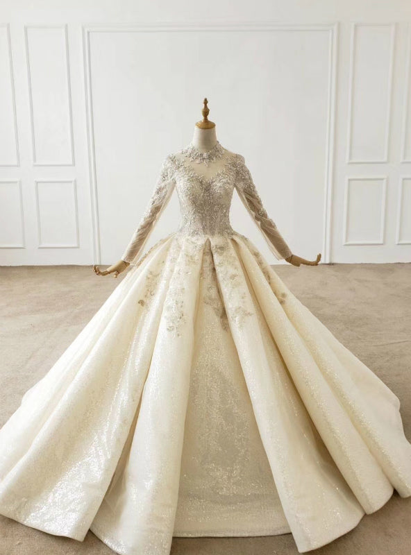 Champagne Ball Gown Tulle High Neck Long Sleeve Beading Wedding Dress