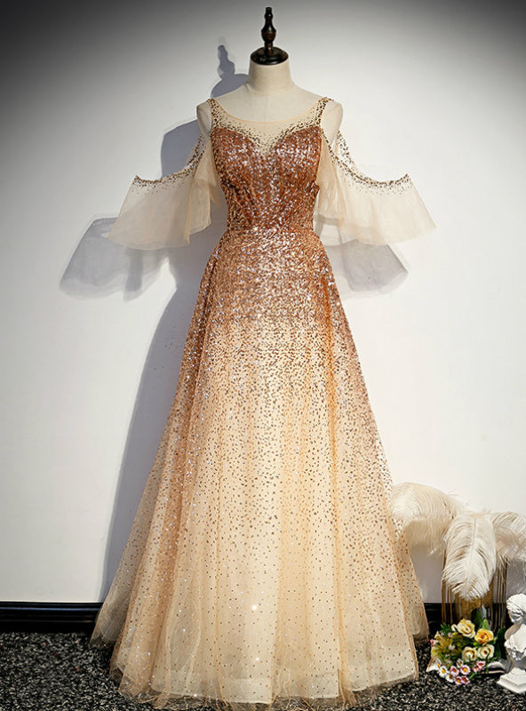 Champagne Gold Sequins Flying Sleeve Prom Dress