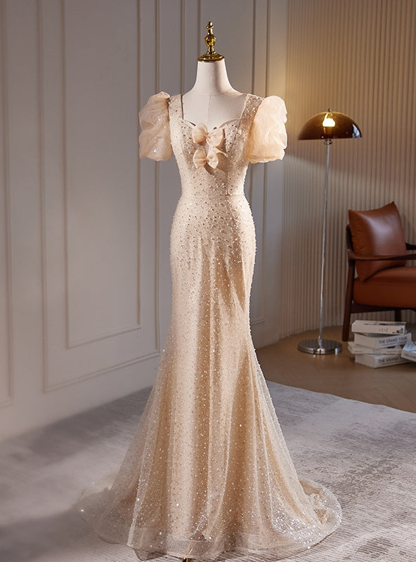 Champagne Mermaid Sequins Puff Sleeve Prom Dress