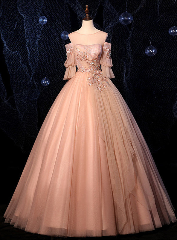 Champagne Pink Tulle Short Sleeve Appliques Beading Quinceanera Dress