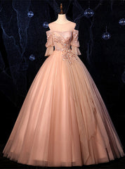 Champagne Pink Tulle Short Sleeve Appliques Beading Quinceanera Dress