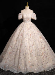 Champagne Sequins Puff Sleeve Pleats Quinceanera Dress