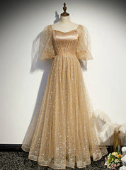 Champagne Tulle Embroidery Puff Sleeve Prom Dress