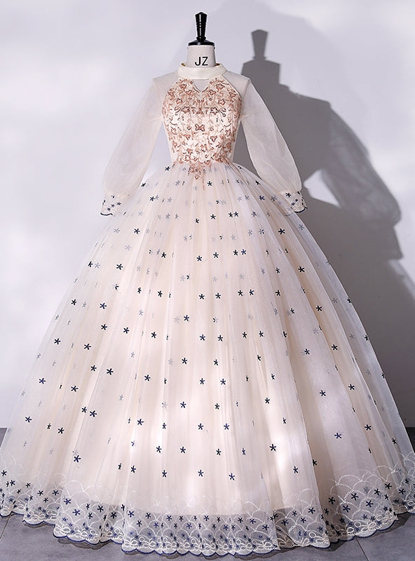 Champagne Tulle Long Sleeve High Neck Quinceanera Dress