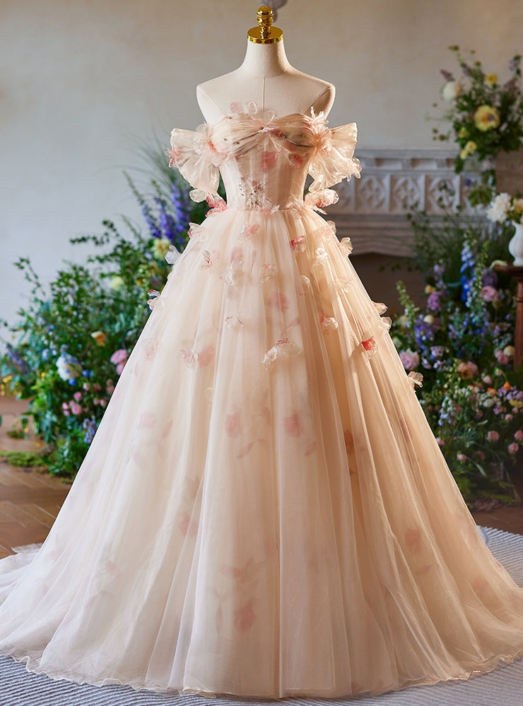 Champagne Tulle Off the Shoulder 3D Flower Prom Dress