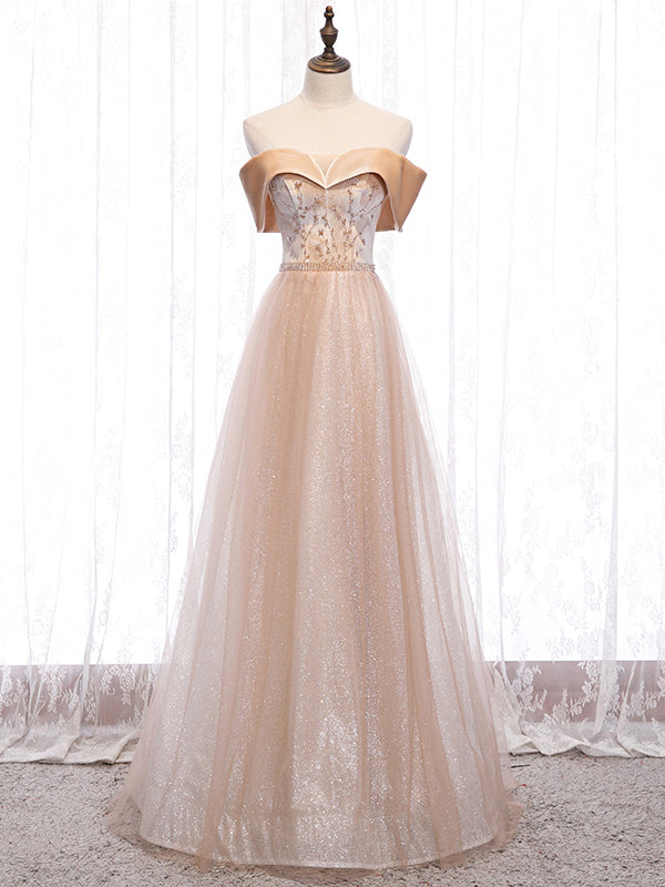 Champagne Tulle Sequins Beading Off the Shoulder Prom Dress