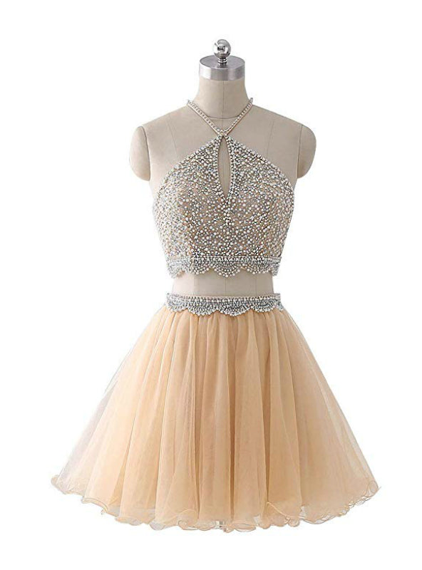 Champagne Tulle Two Piece Halter Homecoming Dress With Beading