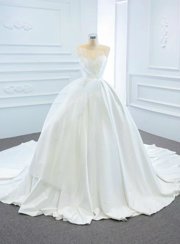 Come In a Wide Variety Of On-Trend Styles, White Ball Gown Satin Sweetheart Pleats Wedding Dress With Train