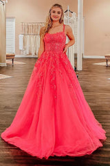 Coral A-Line Prom Dress with Appliques