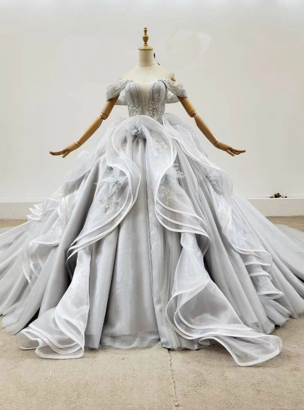 Custom Tailored Gray Ball Gown Tulle Off the Shoulder Appliques Wedding Dress